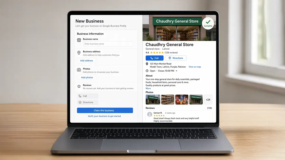 Empty Google Business Profile setup form beside a completed listing for a Lahore general store with photos and reviews
