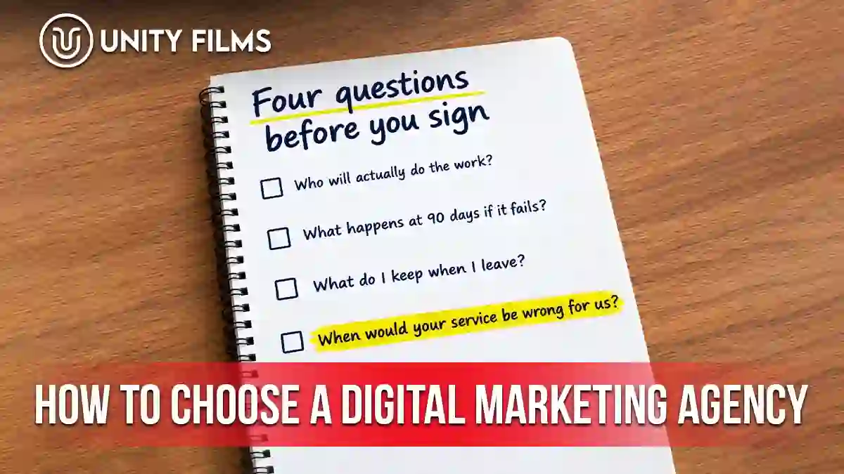 How to choose a digital marketing agency — a notebook checklist of four questions to ask before you sign