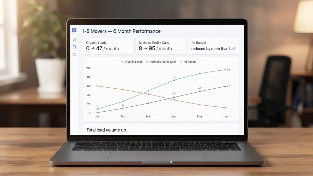 Six-month chart showing organic leads and Business Profile calls rising while ad spend falls for a movers company
