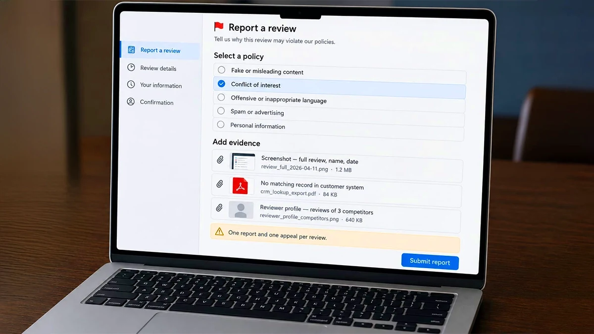 Review report form with a specific policy selected and three pieces of supporting evidence attached
