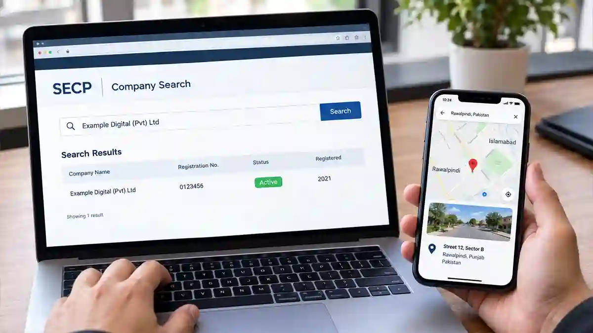 Company register search showing an agency's registration status on a laptop beside a map pin for its stated address on a phone