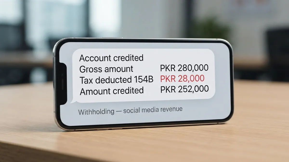 Bank alert on a phone showing a gross amount, the Section 154B deduction highlighted in red, and the smaller credited amount