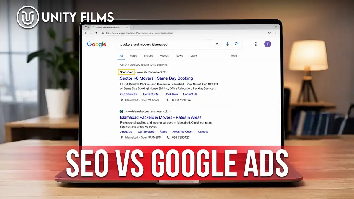 SEO vs Google Ads shown as a sponsored movers ad sitting directly above an organic result on a Google search page