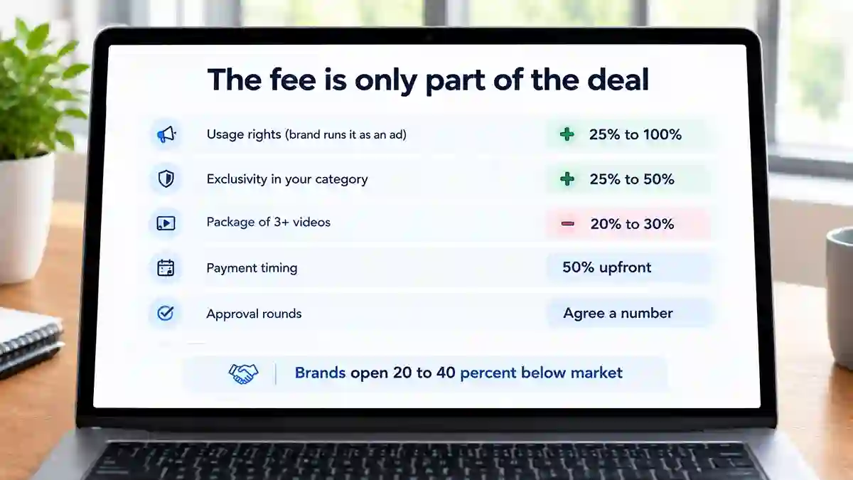List of sponsorship terms beyond the fee showing premiums for usage rights and exclusivity and a discount for multi-video packages