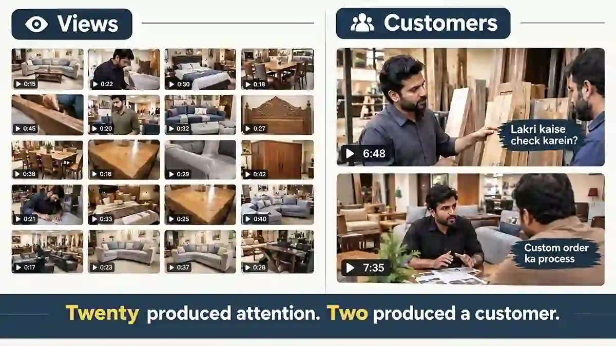 Twenty short clips shown beside two longer videos, contrasting content made for views with content made for buyers