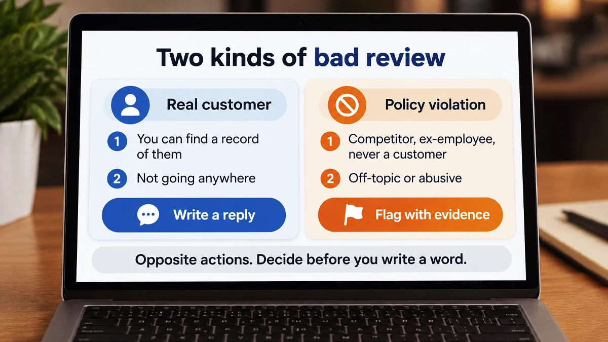 Two kinds of bad review compared, a real customer who needs a written reply and a policy violation that needs flagging with evidence