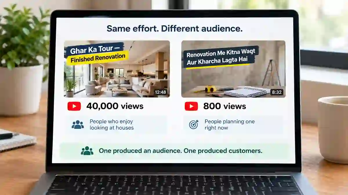 Two videos compared, a house tour with high views beside a lower-view video answering what a renovation costs