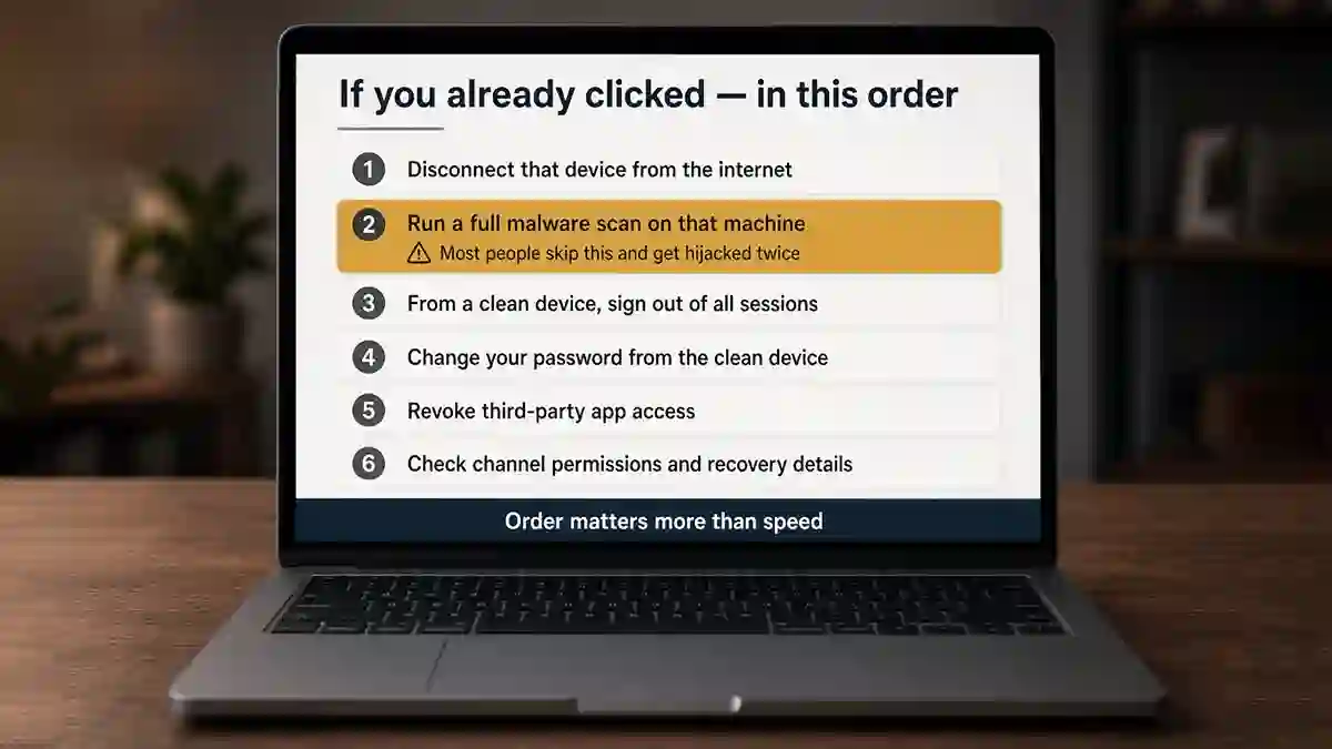 Six recovery steps in order, with running a malware scan before any password reset marked as the one most people skip