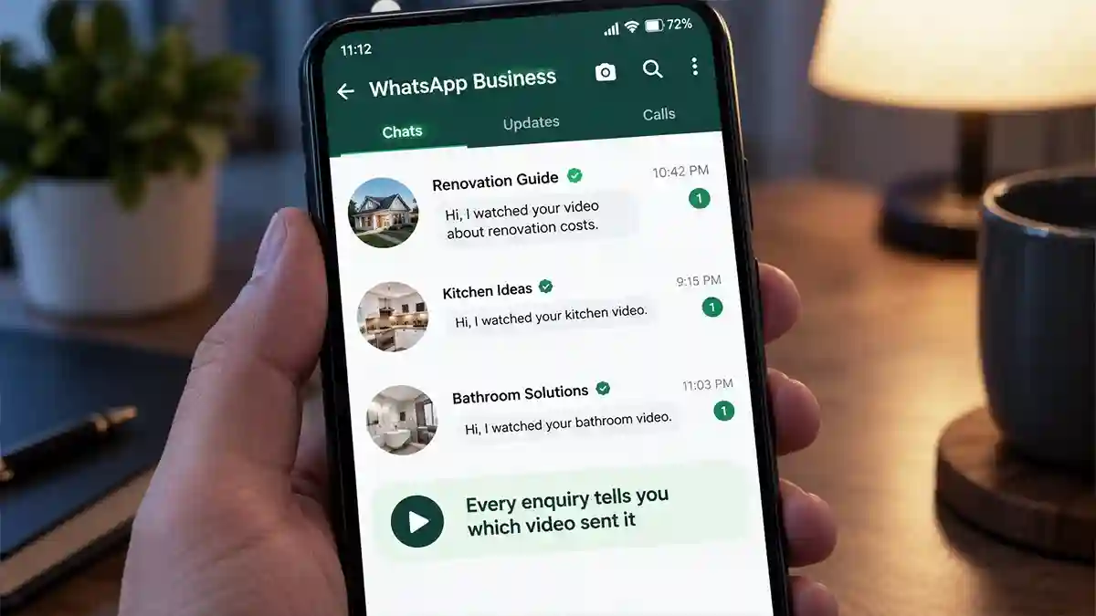 WhatsApp Business inbox showing three enquiries, each opening with a different pre-filled line naming the video it came from
