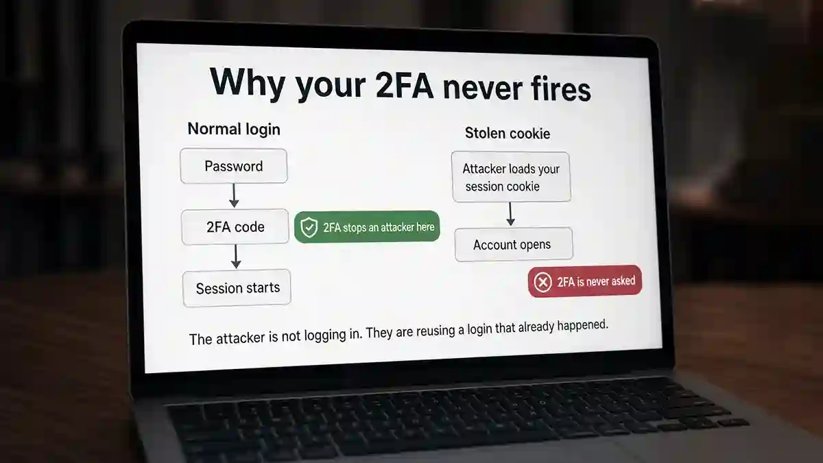 Normal login with a two-factor check compared against a stolen session cookie that opens the account with no check at all