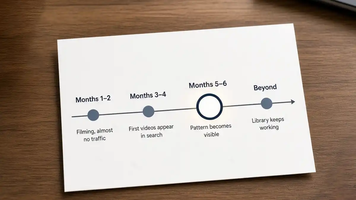 Timeline showing a business channel moving from filming with no traffic, to appearing in search, to a visible pattern of enquiries