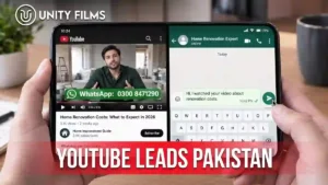 YouTube leads Pakistan shown as a video with an on-screen WhatsApp number beside a chat opening with a pre-filled message ready to send
