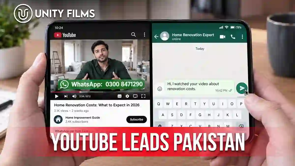 YouTube Leads Pakistan: Building the Path from Video to Message YouTube leads Pakistan shown as a video with an on-screen WhatsApp number beside a chat opening with a pre-filled message ready to send