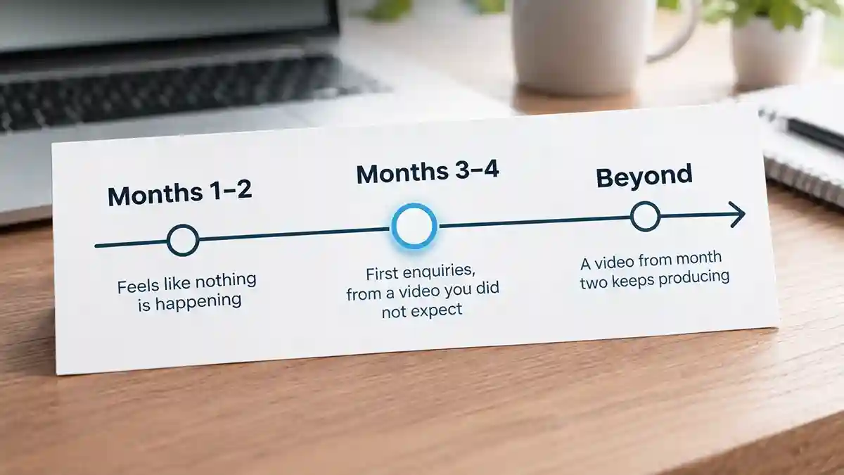Timeline showing months one and two producing nothing, first enquiries arriving around months three and four, then compounding