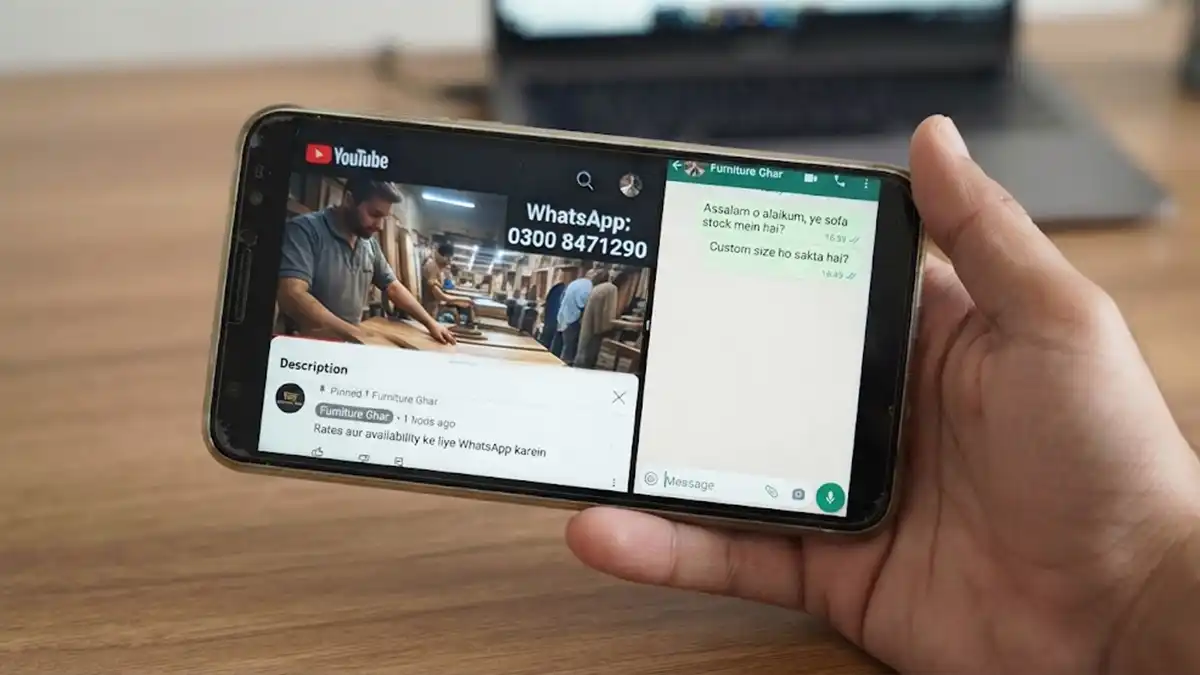 Mid-range Android phone showing a workshop video with a WhatsApp number on screen beside a Roman Urdu enquiry chat