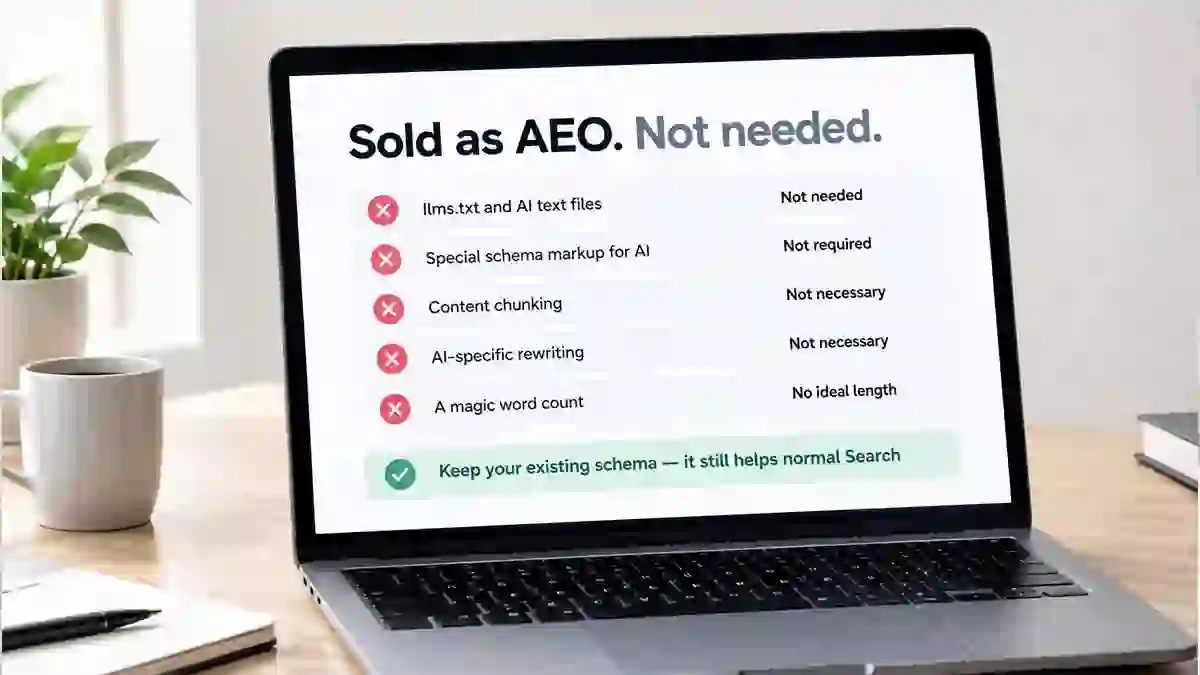 Five commonly sold AEO tactics marked as not needed, with a note that existing schema should be kept for normal Search