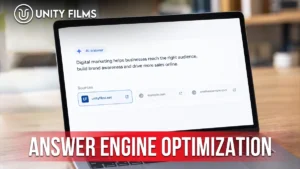 Answer engine optimization shown as an AI answer citing three sources, with the Unity Films site highlighted among them