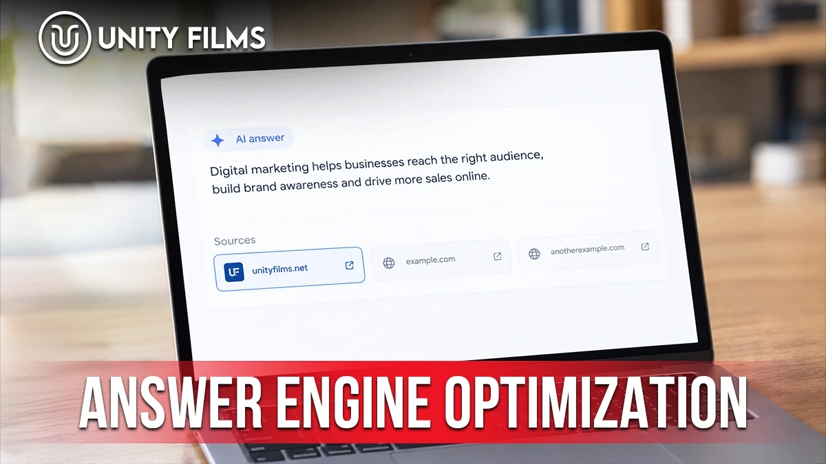 Answer engine optimization shown as an AI answer citing three sources, with the Unity Films site highlighted among them