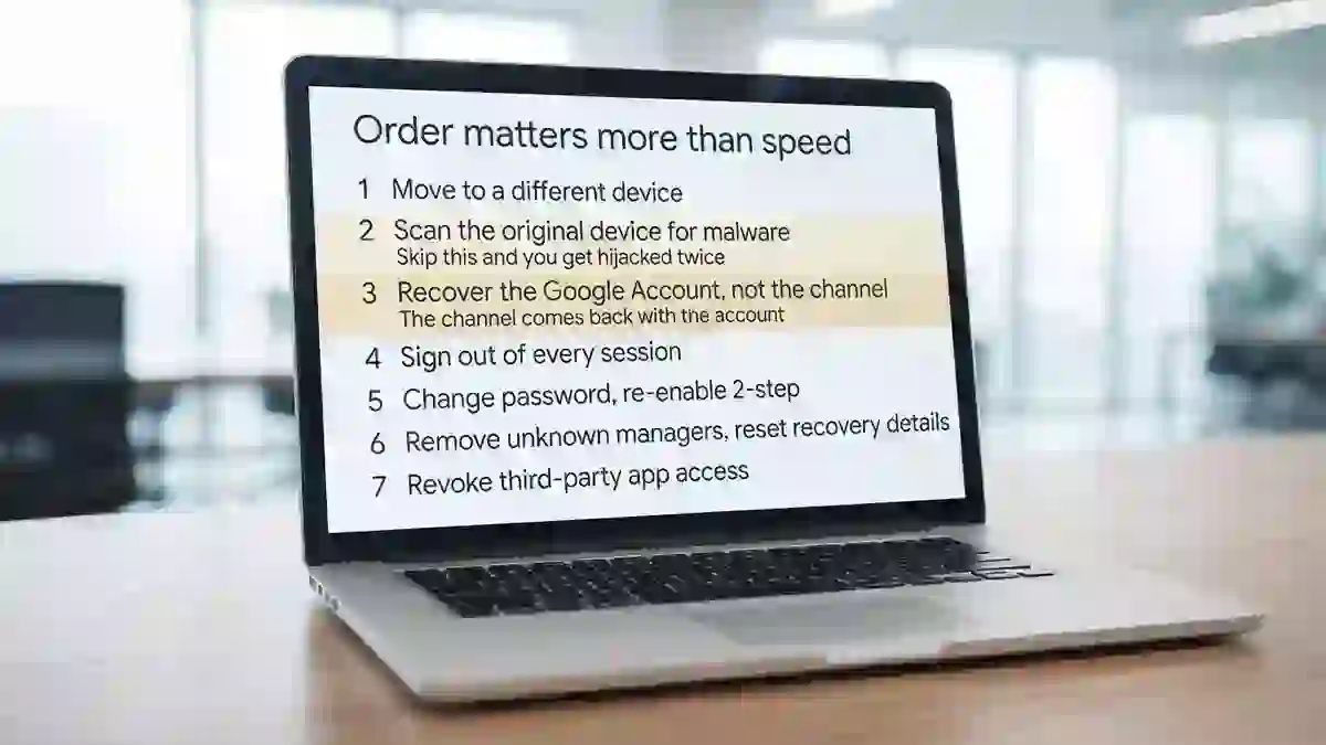 Seven recovery steps in order, with scanning the infected device and recovering the Google Account marked as the two that decide the outcome