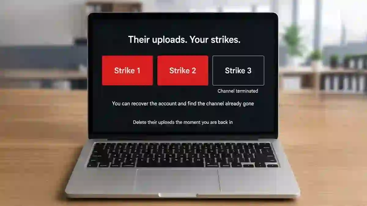 Two strikes filled and a third empty, showing how a hijacker's uploads can terminate a channel before the owner recovers it