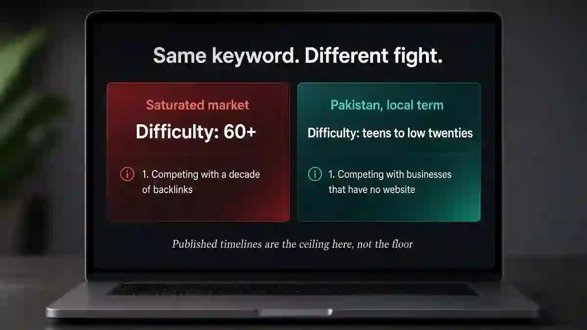 Keyword difficulty compared between a saturated market and a low-difficulty Pakistani local term