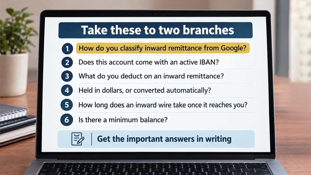 Six questions to take to a bank branch before opening an account, with the one about classifying Google remittances highlighted