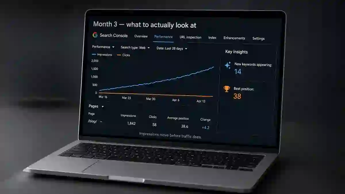 Search Console at month three showing impressions rising while clicks stay flat and new keywords appearing at low positions