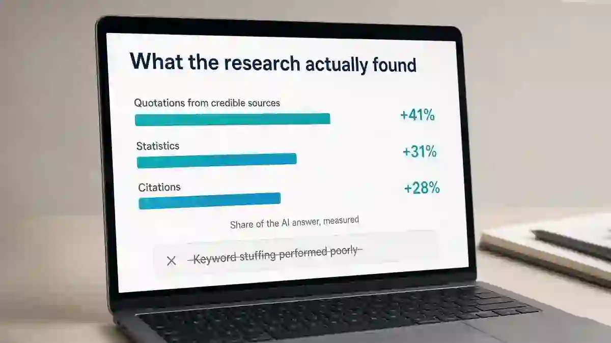 Measured increases in a source's share of an AI answer from adding quotations, statistics and citations, with keyword stuffing performing poorly