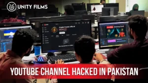 YouTube channel hacked in Pakistan, showing a renamed channel with the original handle still attached and a giveaway stream running, reviewed by the Unity Films team