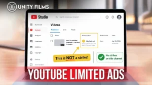 YouTube limited ads explained by Unity Films, showing the yellow monetisation icon on one video in YouTube Studio with no strikes on the channel