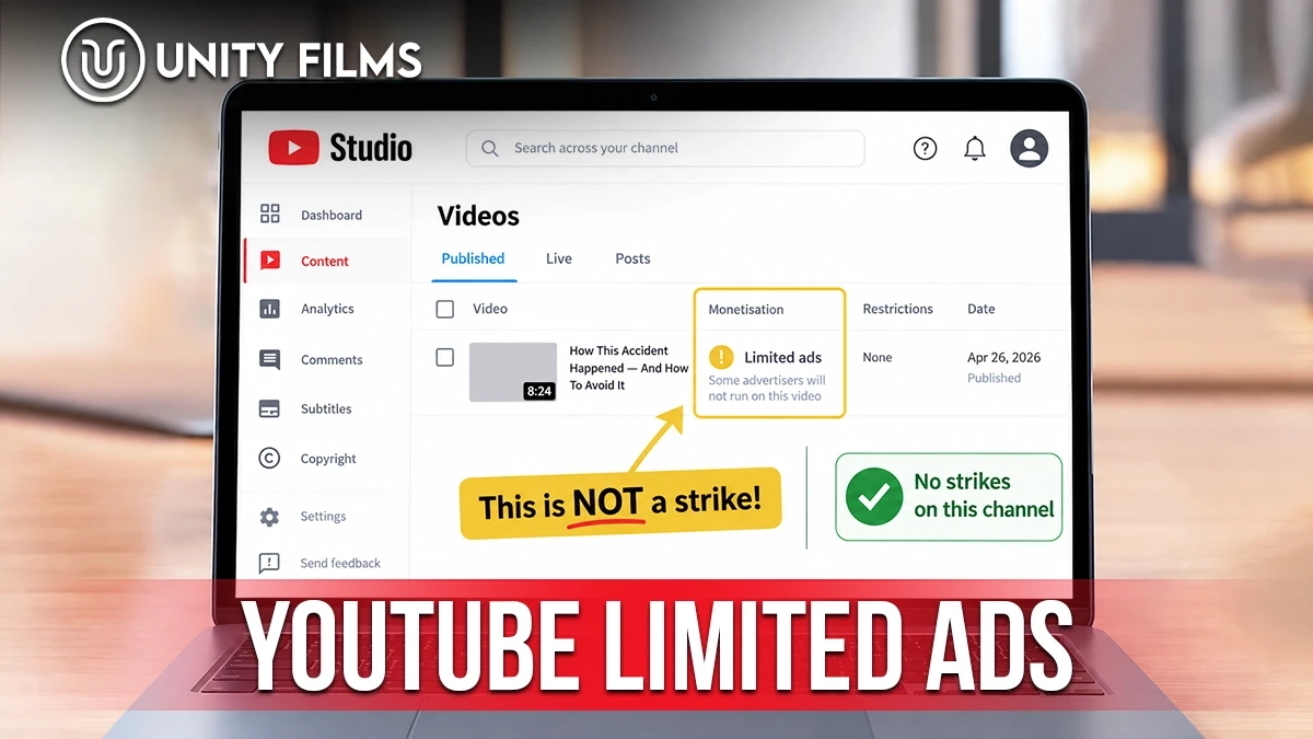 YouTube limited ads explained by Unity Films, showing the yellow monetisation icon on one video in YouTube Studio with no strikes on the channel