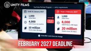 YouTube monetization requirements Pakistan creators face before and after February 2027, compared on a Unity Films campus screen with the watch hour and Shorts view thresholds doubling
